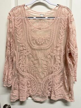 Ultra Pink Blush Pink Embroidered Sheer Tunic Top